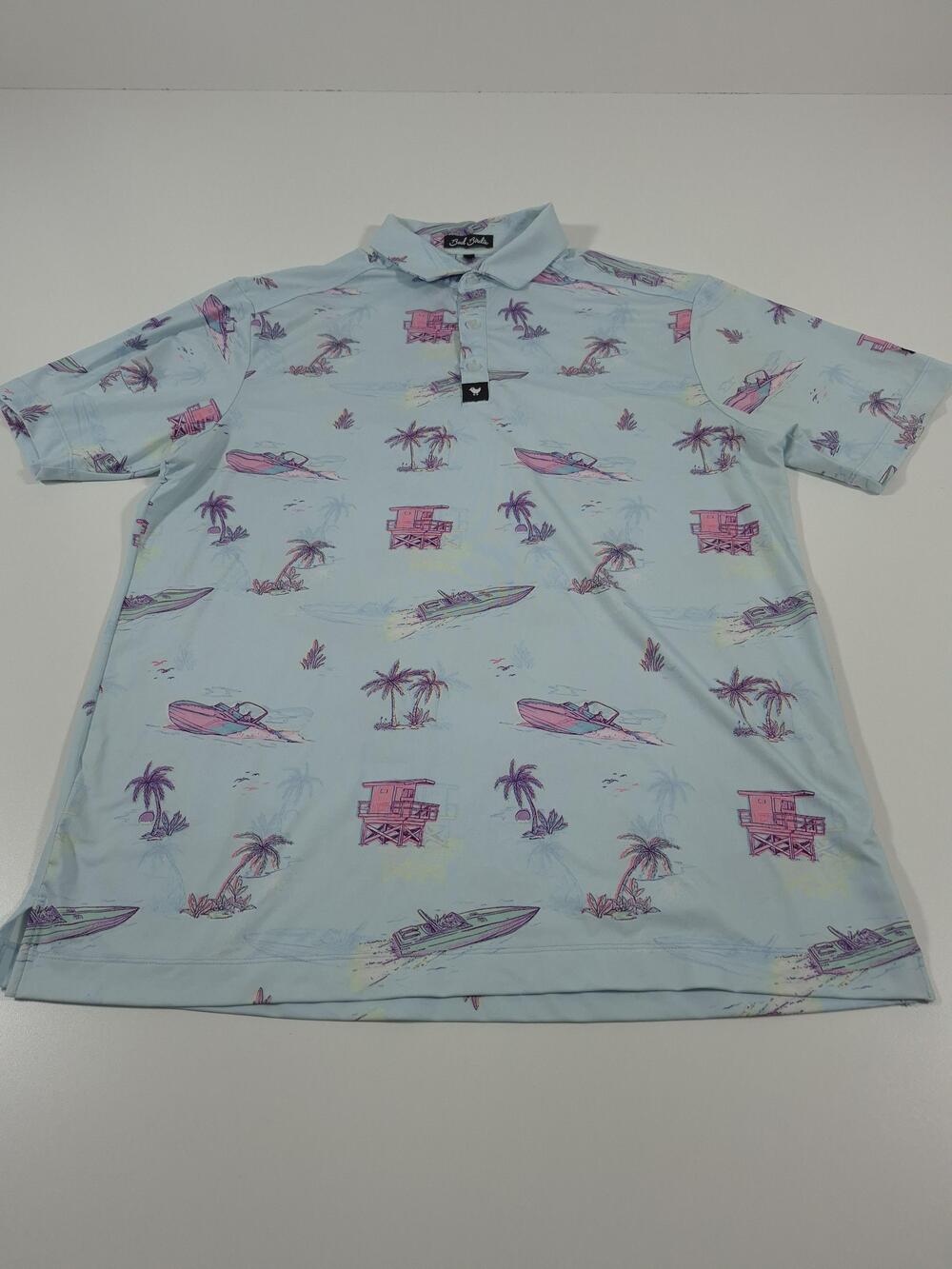 Bad Birdie Polo Shirt AOP Mens M Blue Tropical Boats Golf Stretch Performance